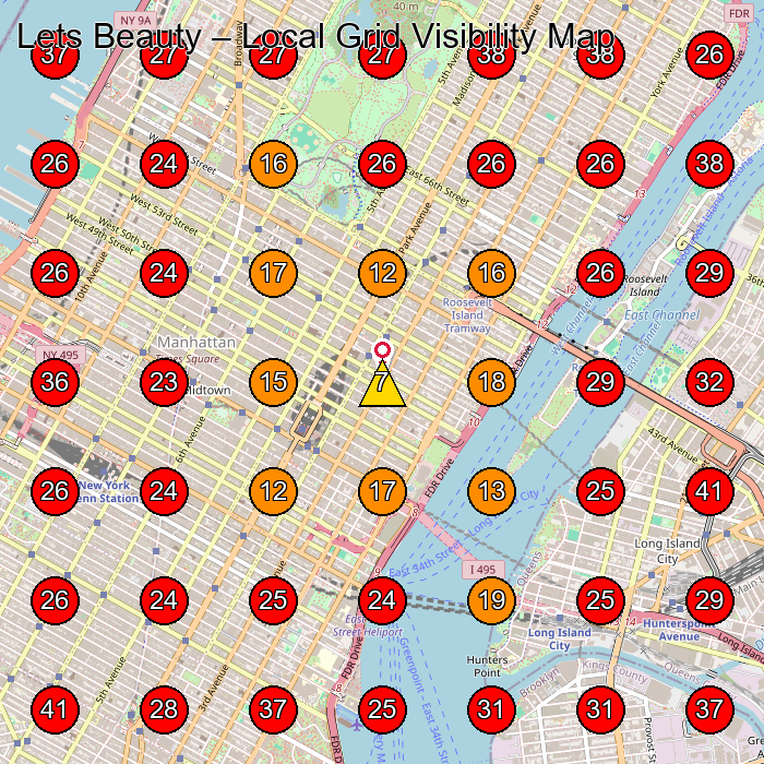 Lets Beauty GeoGrid visibility map for Day Spa in New York